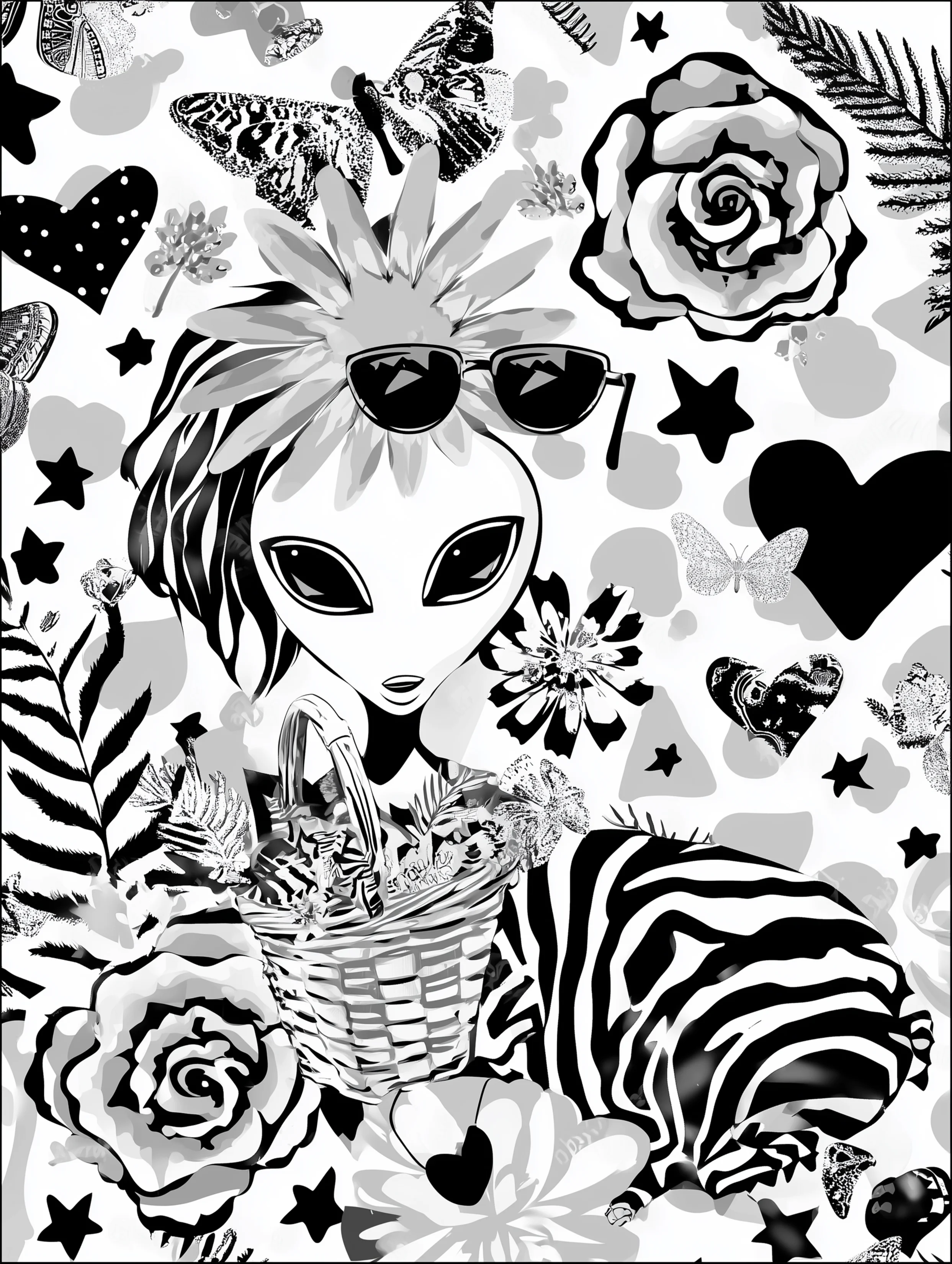 Free printable alien coloring page for adults featuring zebra texture and an alien with a basket